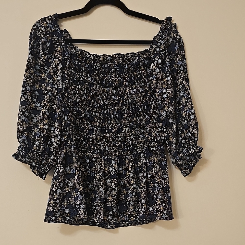 Max Studio Floral Smocked Blouse - Black and White